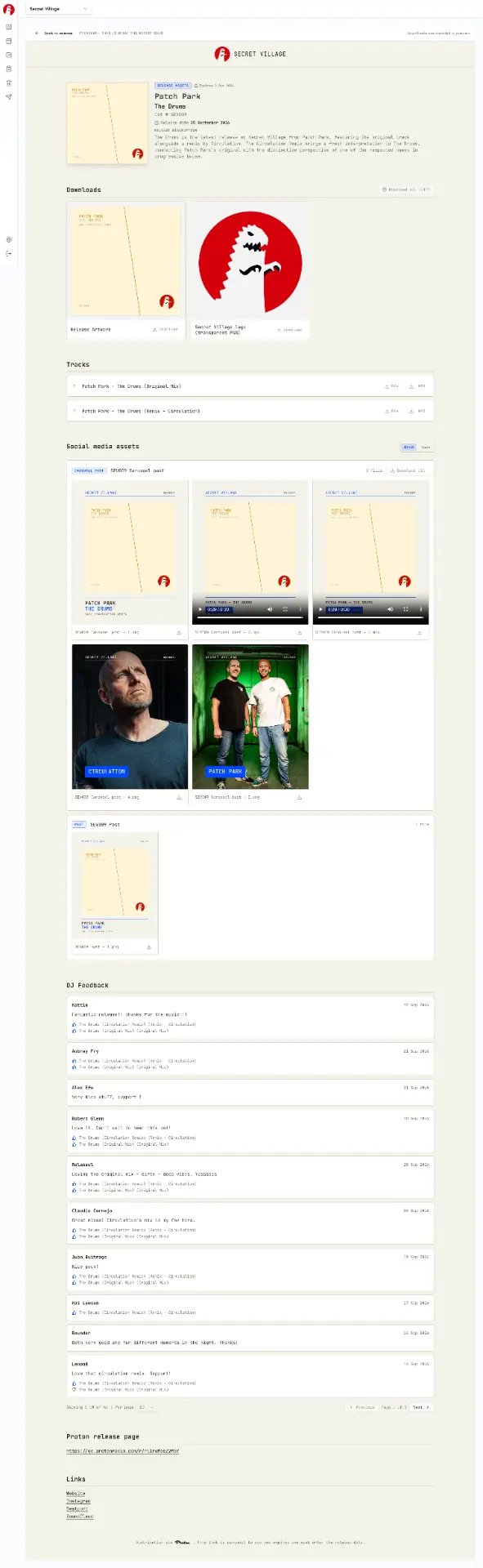 Releasehub van Secret Village met downloads, promotiemateriaal en DJ-feedback